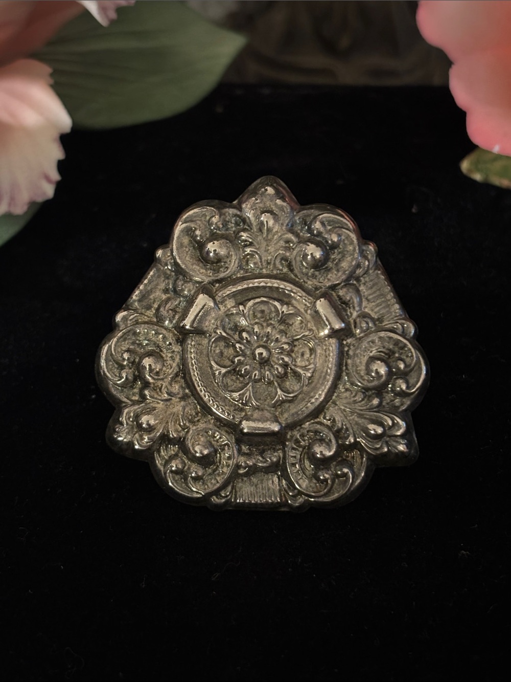 Ornate Decorative Scarf Clip in Antique Silver